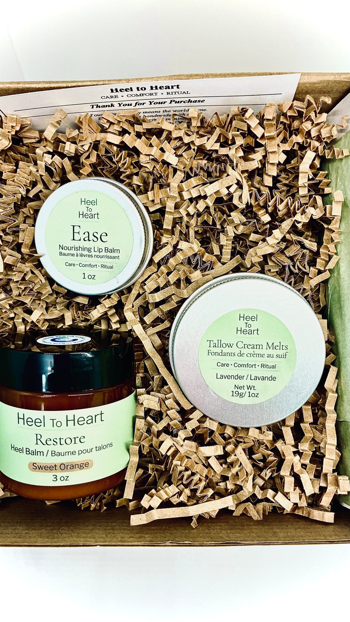 Tallow Starter Set-RESTORE Heel Balm, EASE Lip Balm and Tallow Cream Melts by Heel to Heart Spa Products, Handcrafted in Nova Scotia